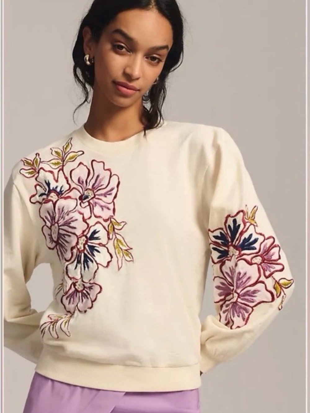 ANTHROPOLOGIE APPLIQUE EMBROIDERED FLORAL CREAM IVORY SWEATSHIRT SZ LARGE